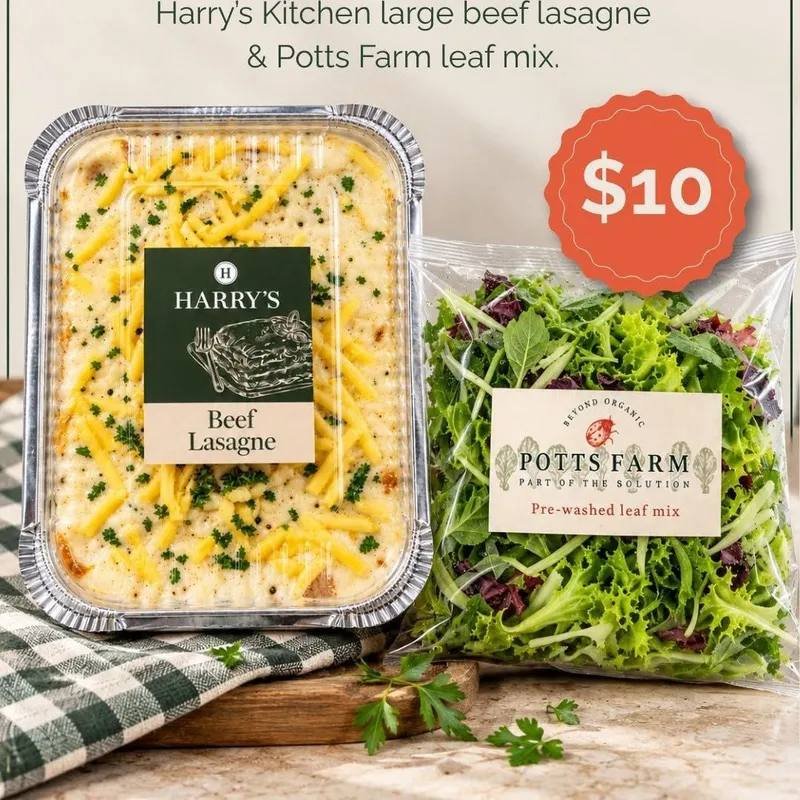 From the Harry's promotion Harry's Kitchen Beef Lasagne + Potts Farm Leaf Mix combo