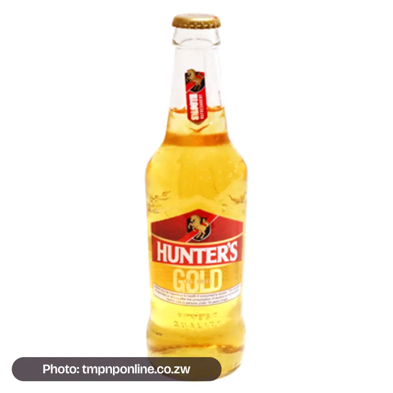Photo: tmpnponline.co.zw Hunters Gold Glass Bottle