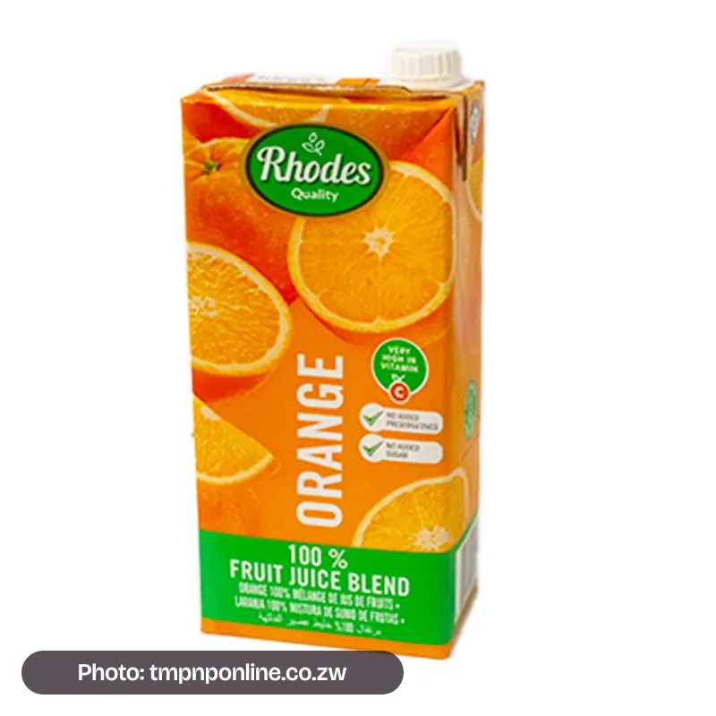 Photo: tmpnponline.co.zw Rhodes 100% Orange Fruit Juic